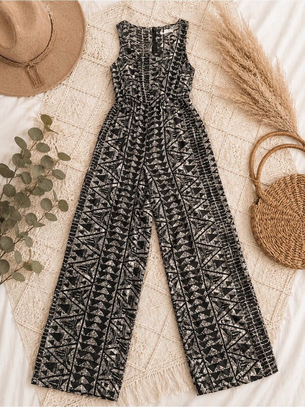 Black & Cream Tribal Print Wide Leg Jumpsuit